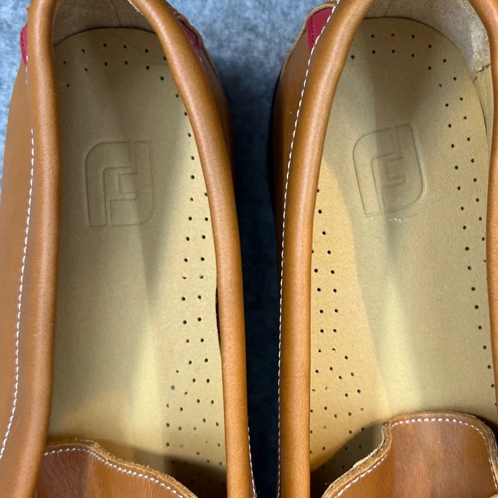 FootJoy Mens Tan Leather Bit Loafers Slip On Shoes Brown Red Accents Size 8.5